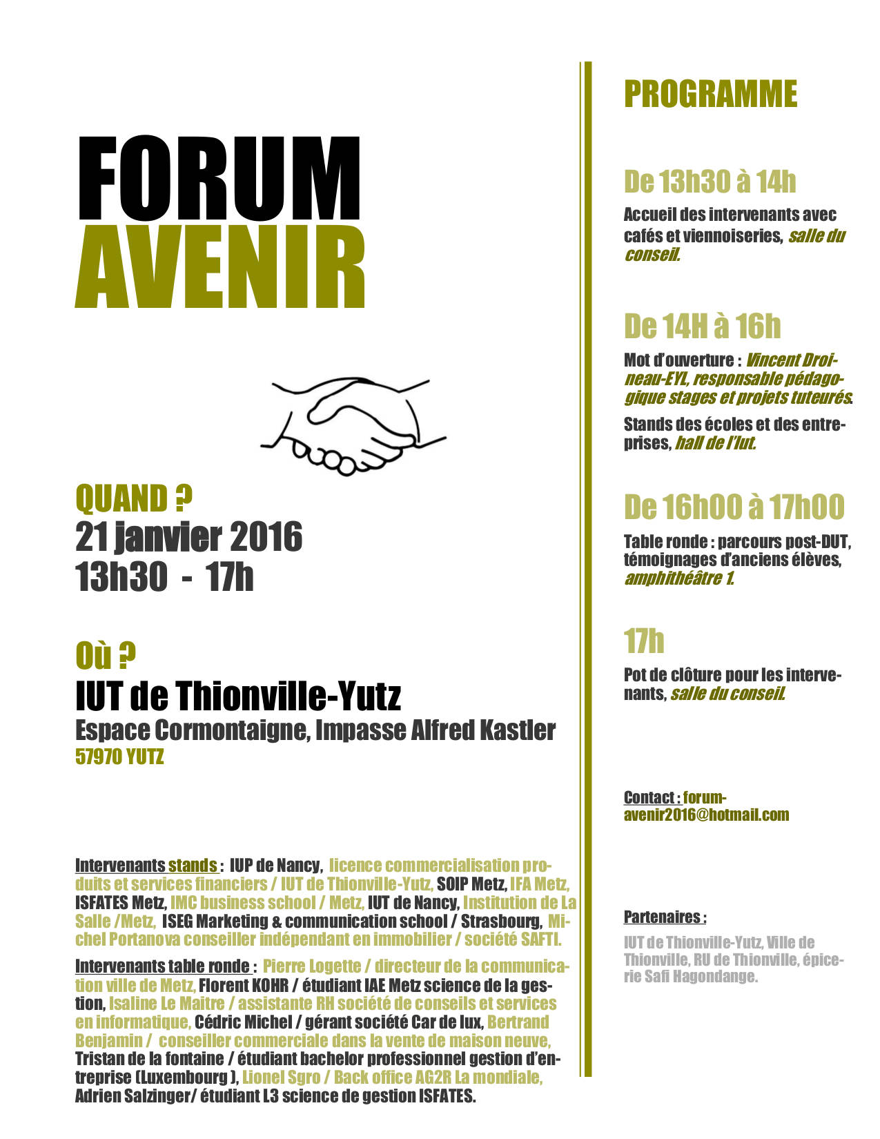 Forum Avenir - jeudi 21 janvier 2016 - 13h30 à 17h00